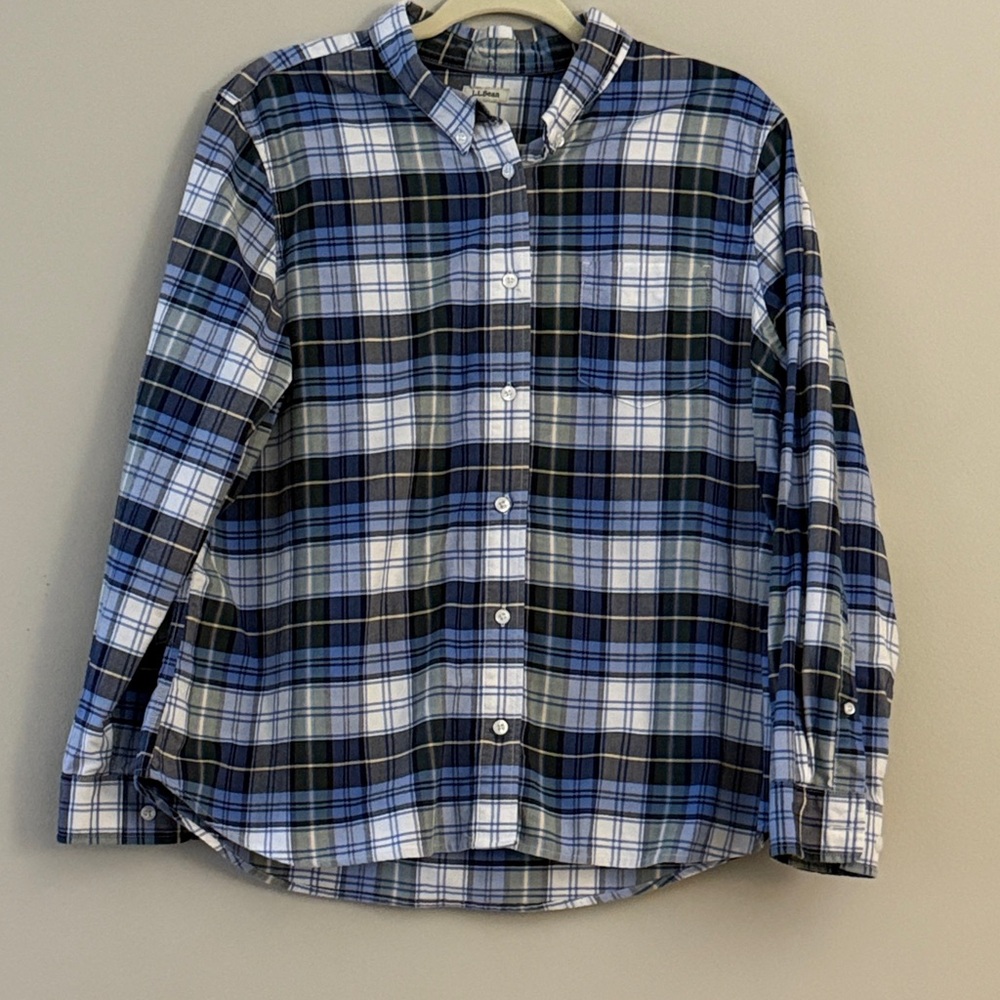 L.L. Bean Women’s 100% Organic Cotton Blue White Plaid Button Down Shirt Large